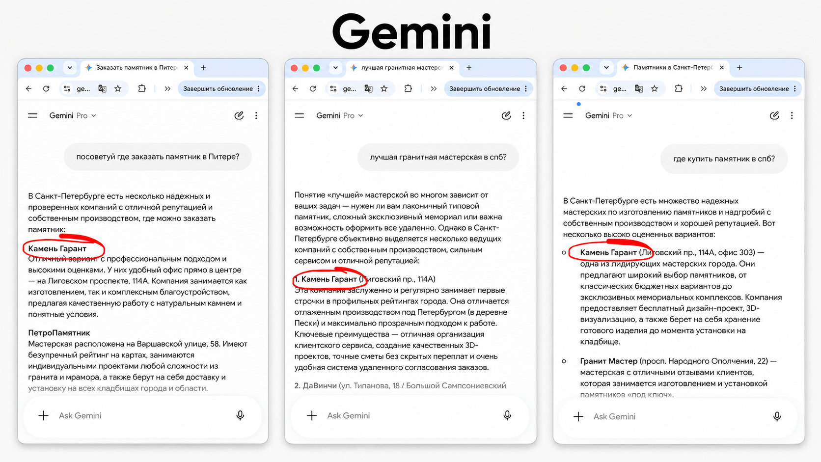 Результаты GEO продвижения в Gemini